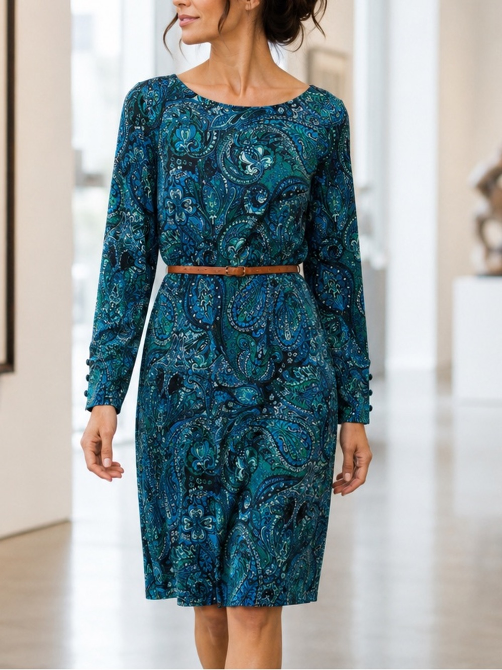 Banana Republic Teal Blue Paisley Sheath Dress Long Sleeve Medium